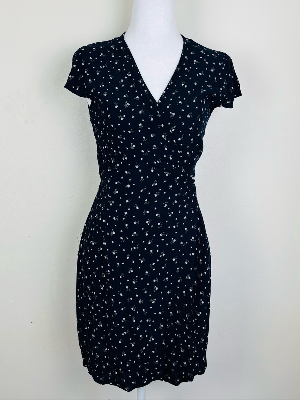 Brandy Melville shirt sleeve navy blue floral print true wrap dress.